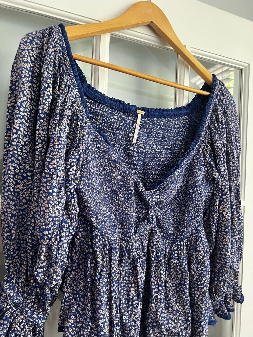 Free People Navy Blue Floral Peasant Top